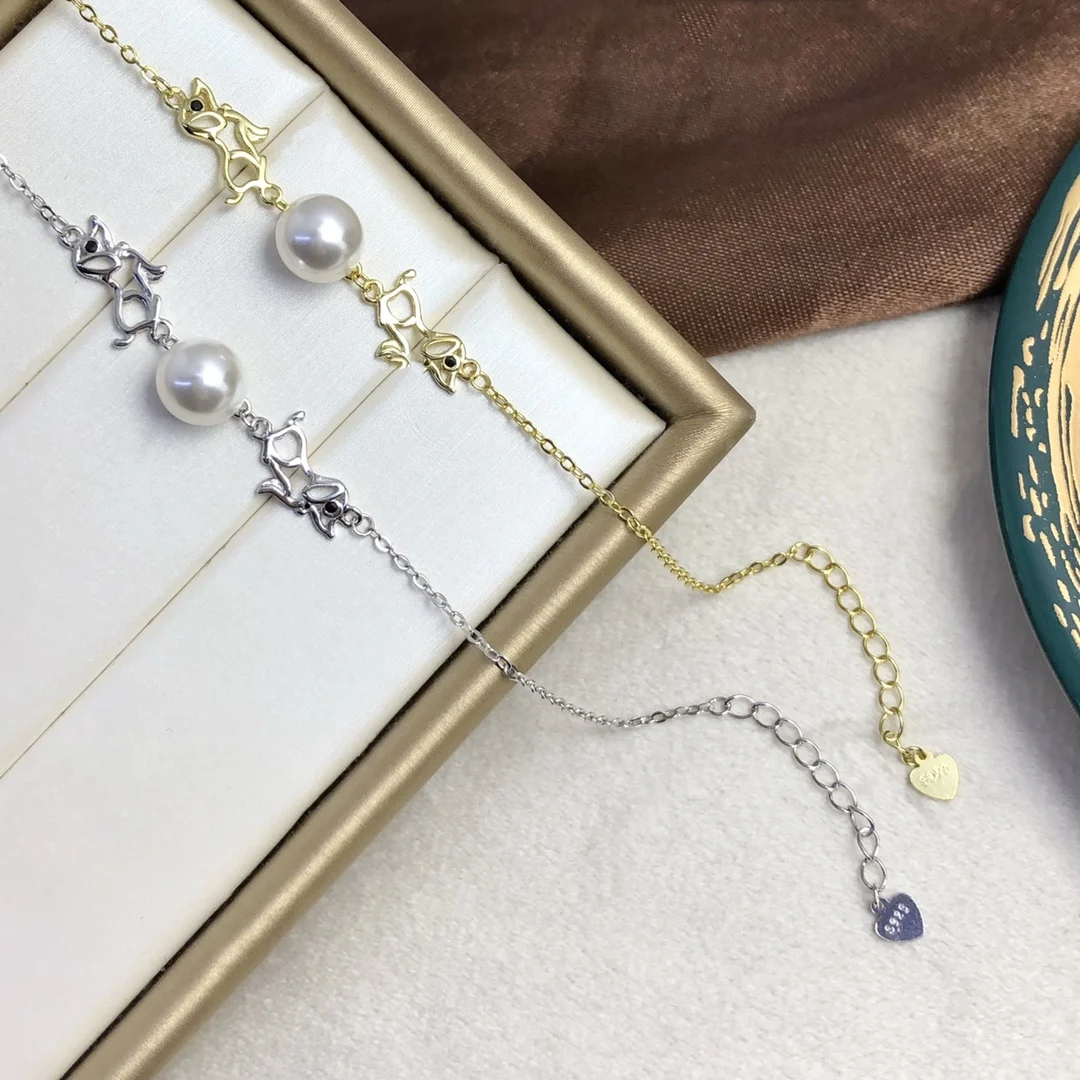 

JY Solid 925 Sterling Silver Round 8-8.5mm Fresh Water White Pearls Bracelets for Women Fine Birthday's Presents