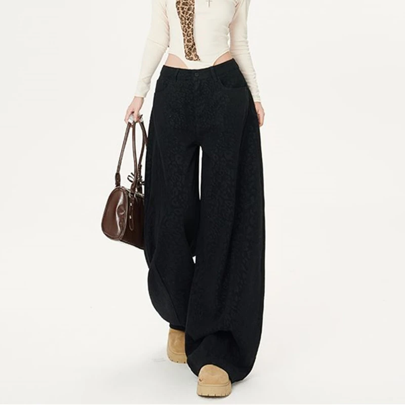 FINEWORDS Women's High Waisted Black Leopard Print Jeans Baggy Wide Leg Denim Pants Casual Y2K Streetwear Trousers