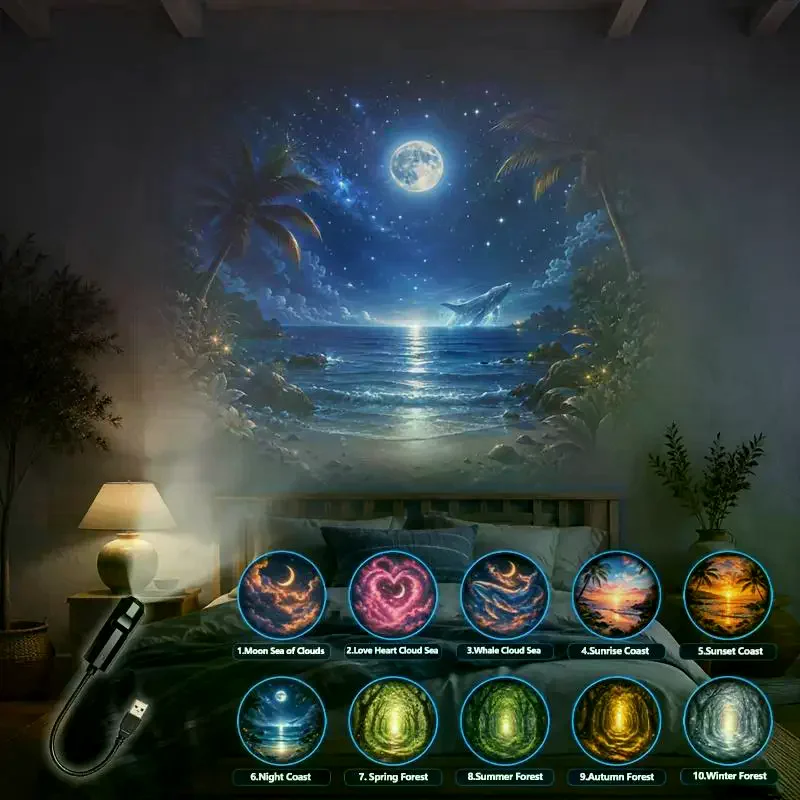 USB Healing Landscape Projector Light 10 Patterns Flexible Rotation Moon Cloud Sea Forest Coast Projection Lamp For Bedroom