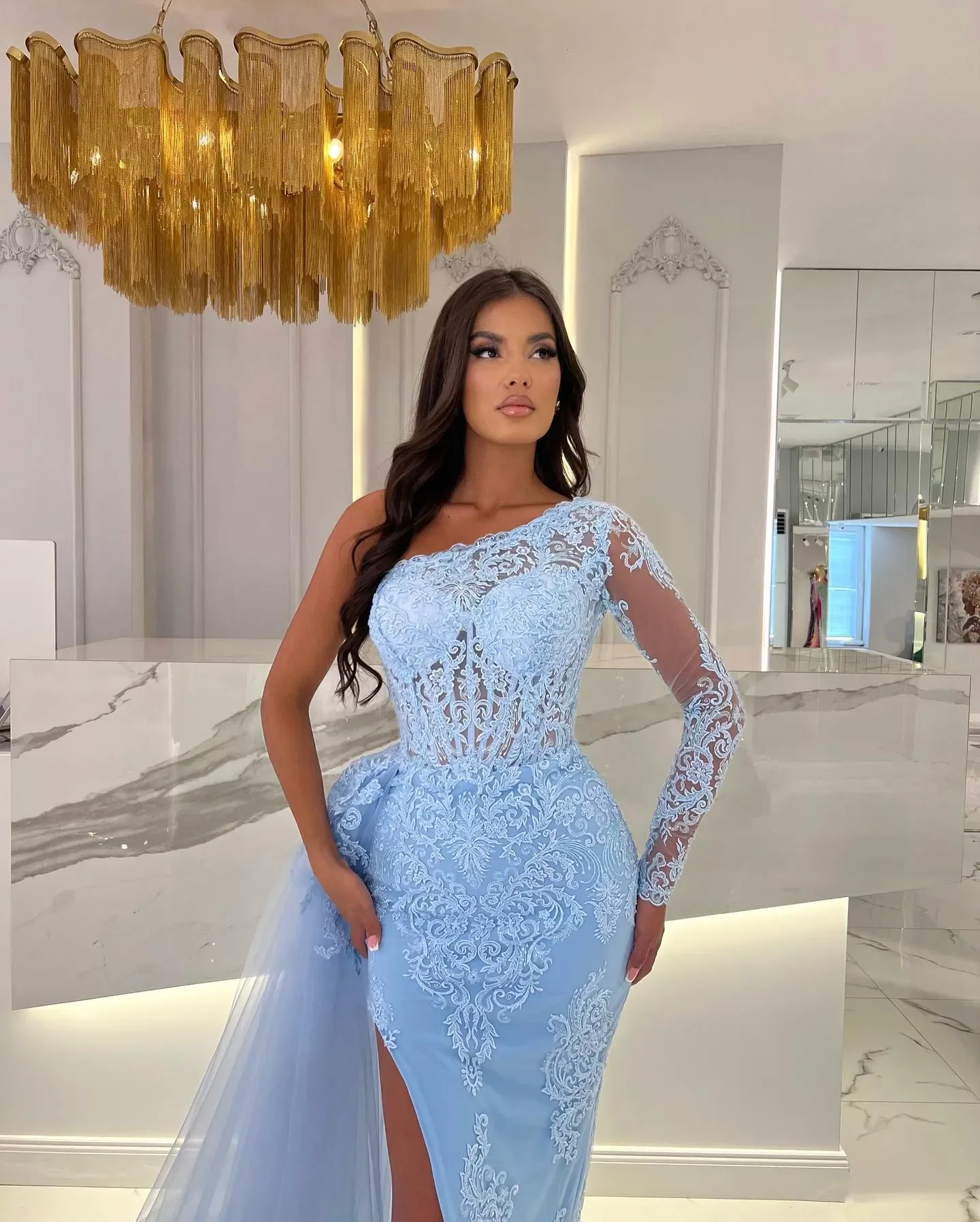 Luxurious Mermaid applique Evening dress Sexy One shoulder with detachable hemline New special occasion party ball dress