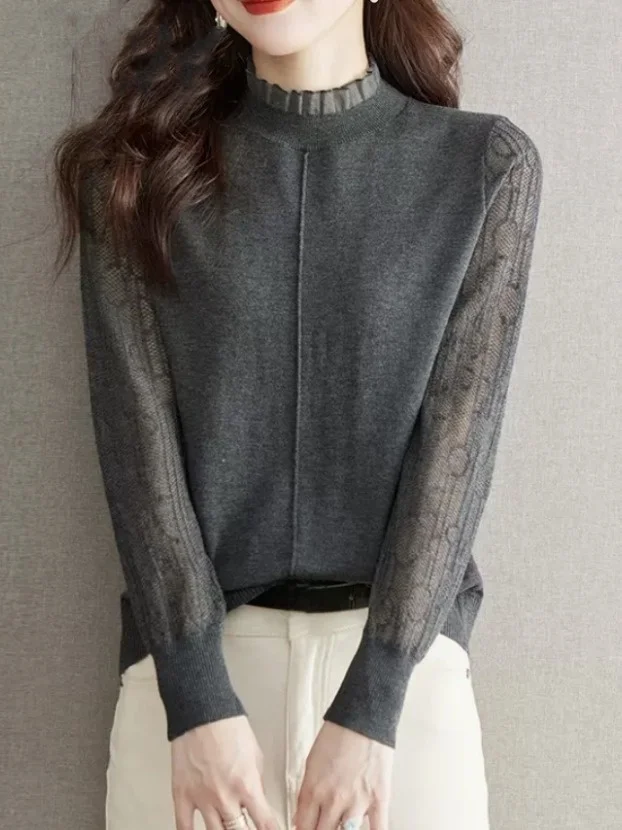 

Ele Chic Knitted Sweater Earlet Collar Soft French Sle Camere Blend Long Sve Women's Casual Inner Wear Elastic Reg...