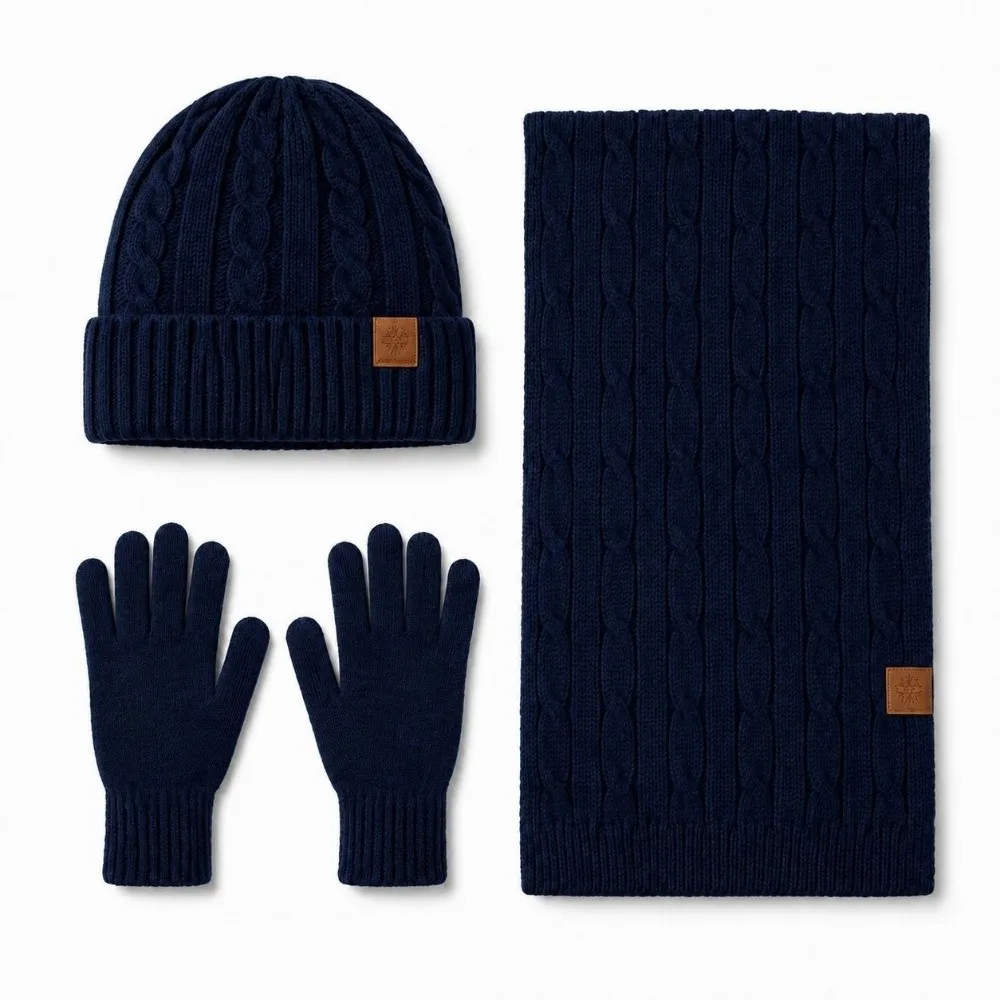 3Pcs/Set Fashion Warm Winter Hat Scarf Gloves Set Lining Non Slip Knit Beanie Snood Set Elastic Soft Touchscreen Gloves for Men