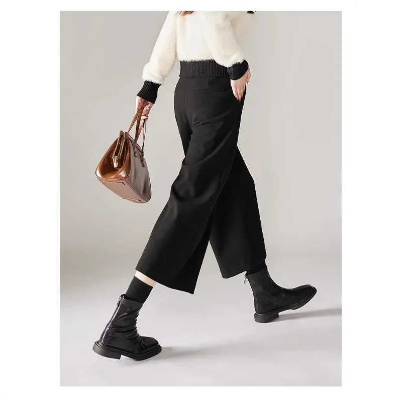 Korean Office Lady Wide Leg Pant Flare Thick Woolen Ankle Length Straight Loose Pants Women Autumn Winter Trousers Female Casual