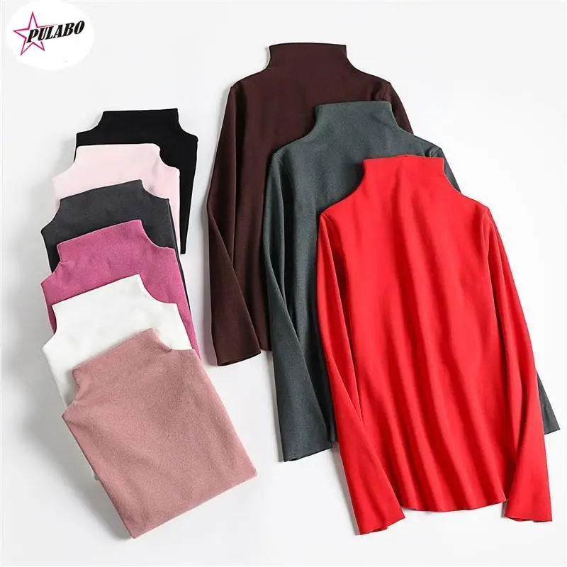 PULABO Autumn Winter Double Sided Half-Collar Shirt Women Velvet Long-Sleeve Slim T Shirt Close-fitting Padded Cotton Tops Tees