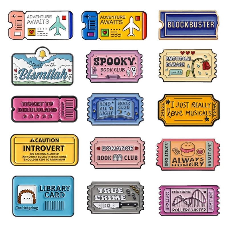 Creative Stamps Bookmark Enamel Pins Golden VIP Ticket Library Card Movie Ticket Admit One Brooches Lapel Badge Jewelry Gifts