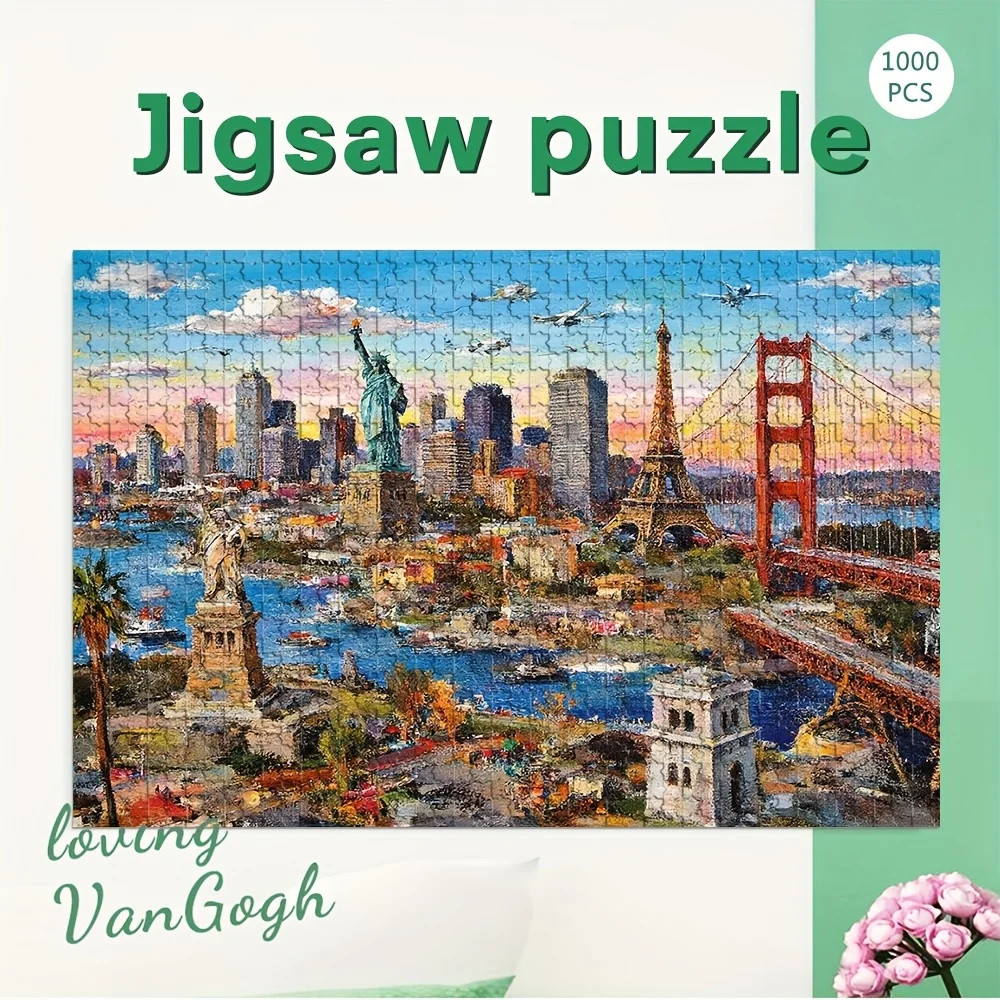 1000pcs San Francisco Paris NYC Skyline Puzzle - Iconic Golden Gate Bridge, Statue of Liberty & Eiffel Tower Large Map Puzzle