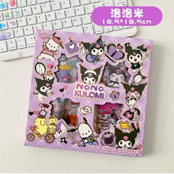 Hello Kitty Sanrio Non-Repeating 100-Piece Sticker Set Cinnamoroll Kuromi Waterproof Stationery Sticker Gift Box Birthday Gift