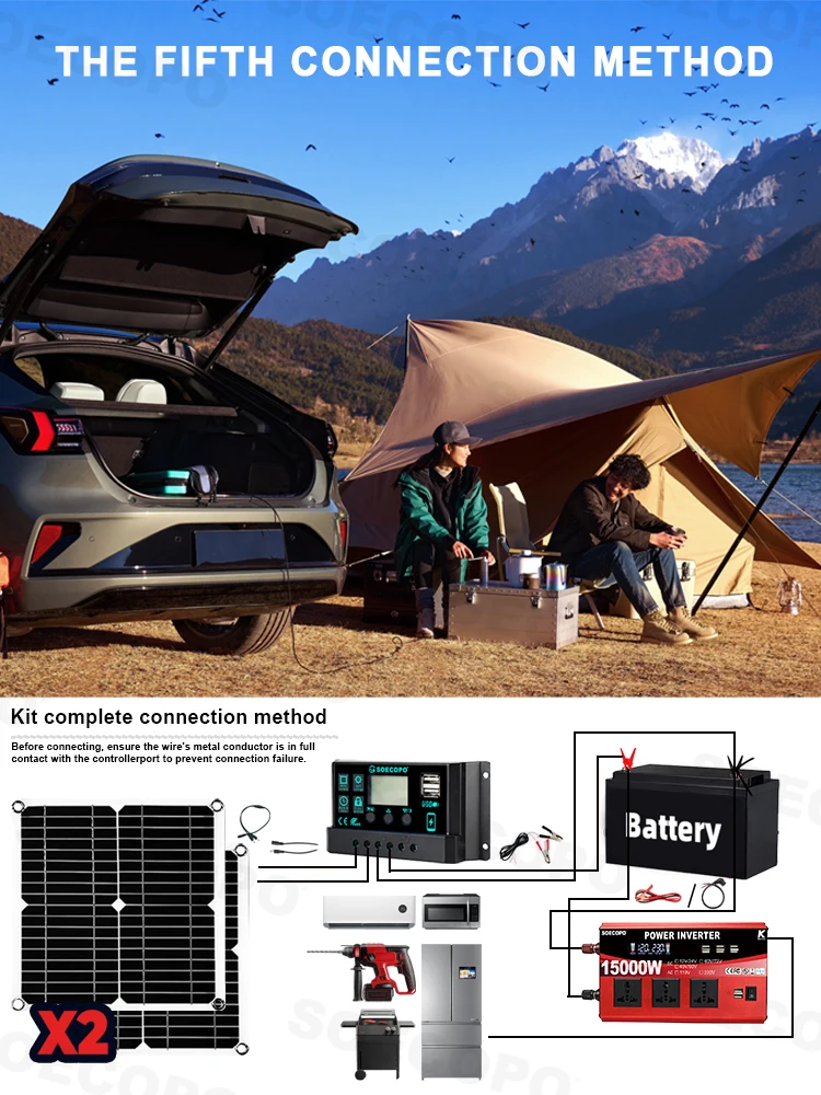SOECOPO 15000 واط مجموعة النظام الشمسي 2*200 واط الألواح الكهروضوئية 12 فولت 24 فولت إلى 110 فولت/220 فولت العاكس 100A تحكم شرفة محطة توليد الطاقة