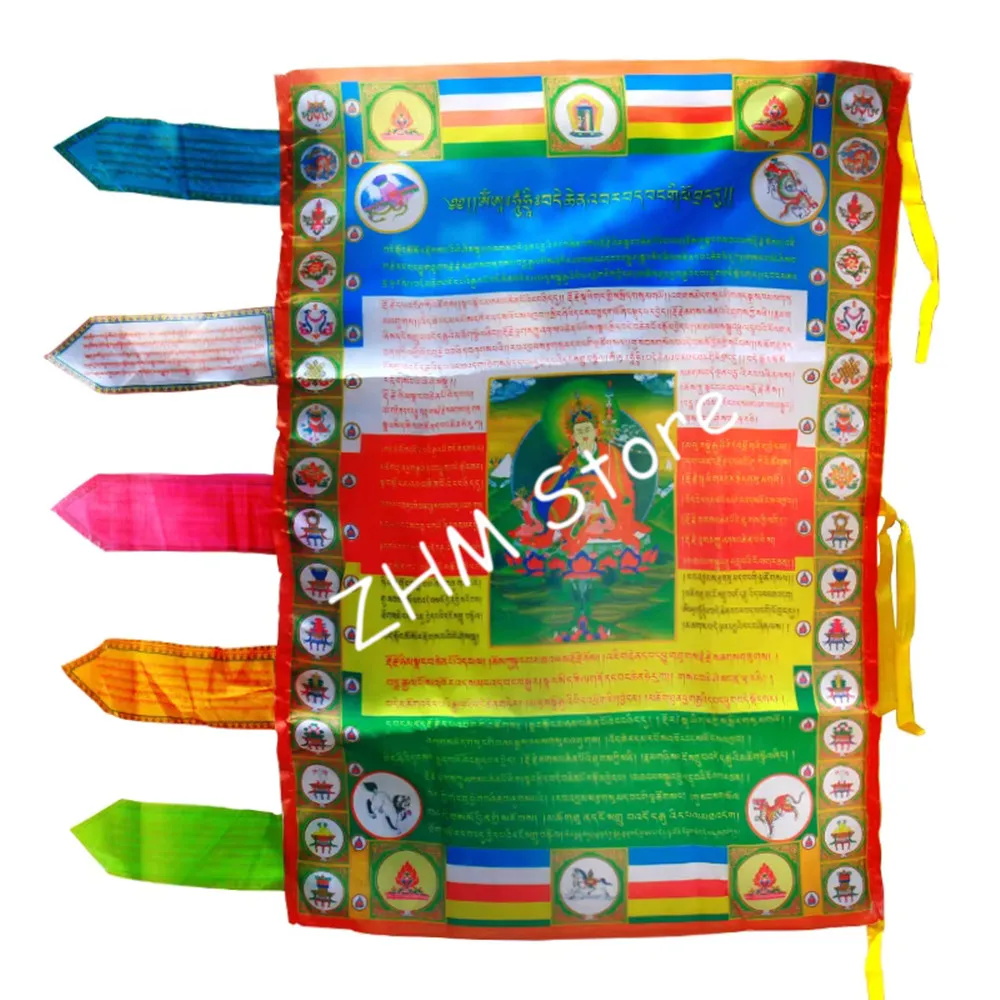 1 String Silk Cloth Multi-color Handmade Lotus Sutra Mantra Scripture Colored Printed Clear Pattern Tibetan Vertical Prayer Flag