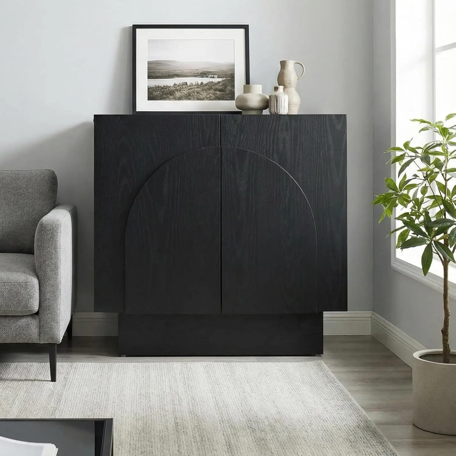 

Black Sideboard Buffet Cabinet with Storage, Modern Buffet Coffee Bar Table Stand Cabinet with Arched Doors, Farmhouse Wooden TV