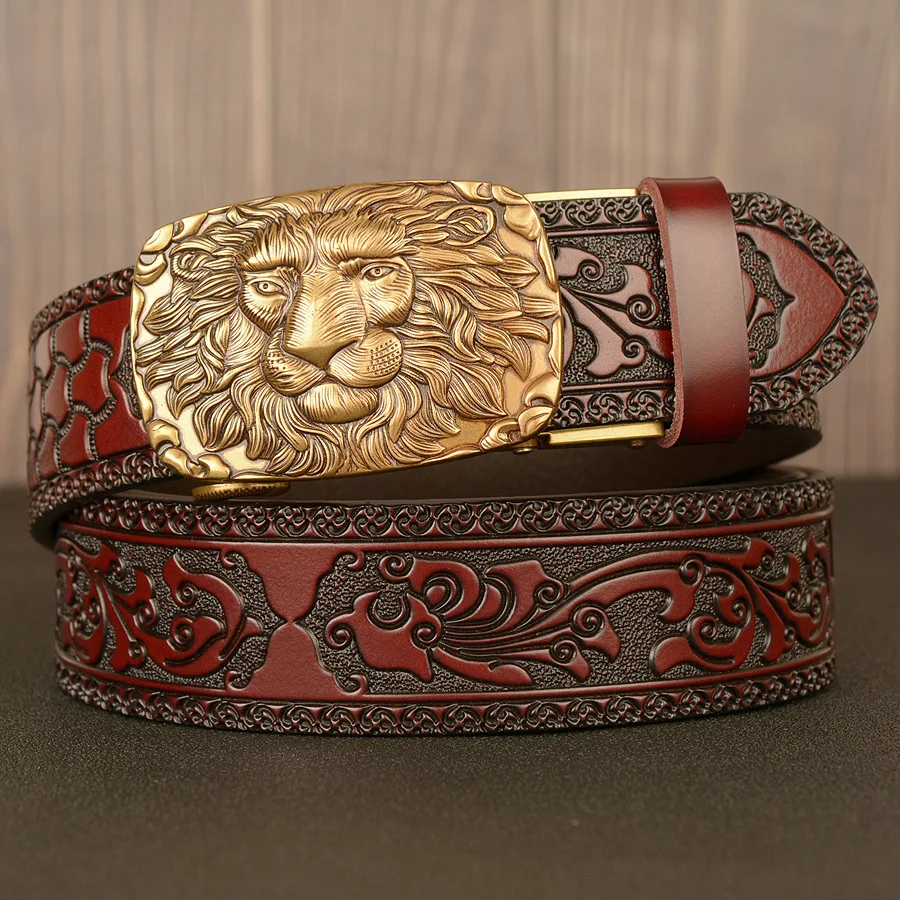 

Domineering lion head automatic buckle men's belt, cowhide casual Tang grass pattern carved belt, fashionable belt