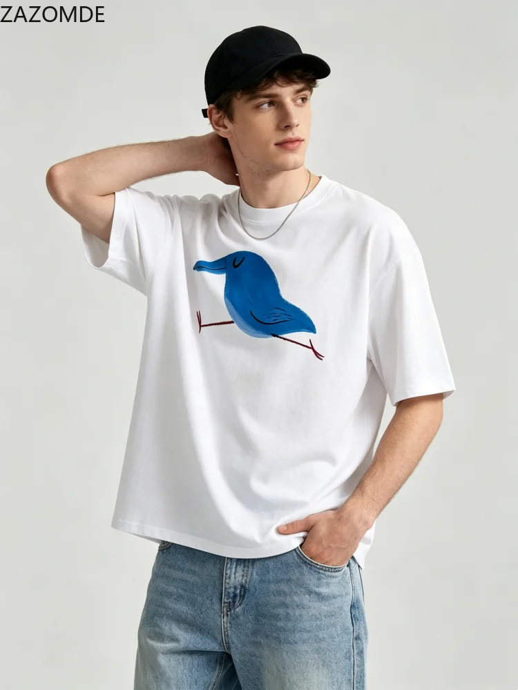 ZAZOMDE Men Vintage Abstract Bird Graphic Tee Casual O Neck Short Sleeve Loose Fit Cotton Summer  Basic T-shirt Streetwear Tops