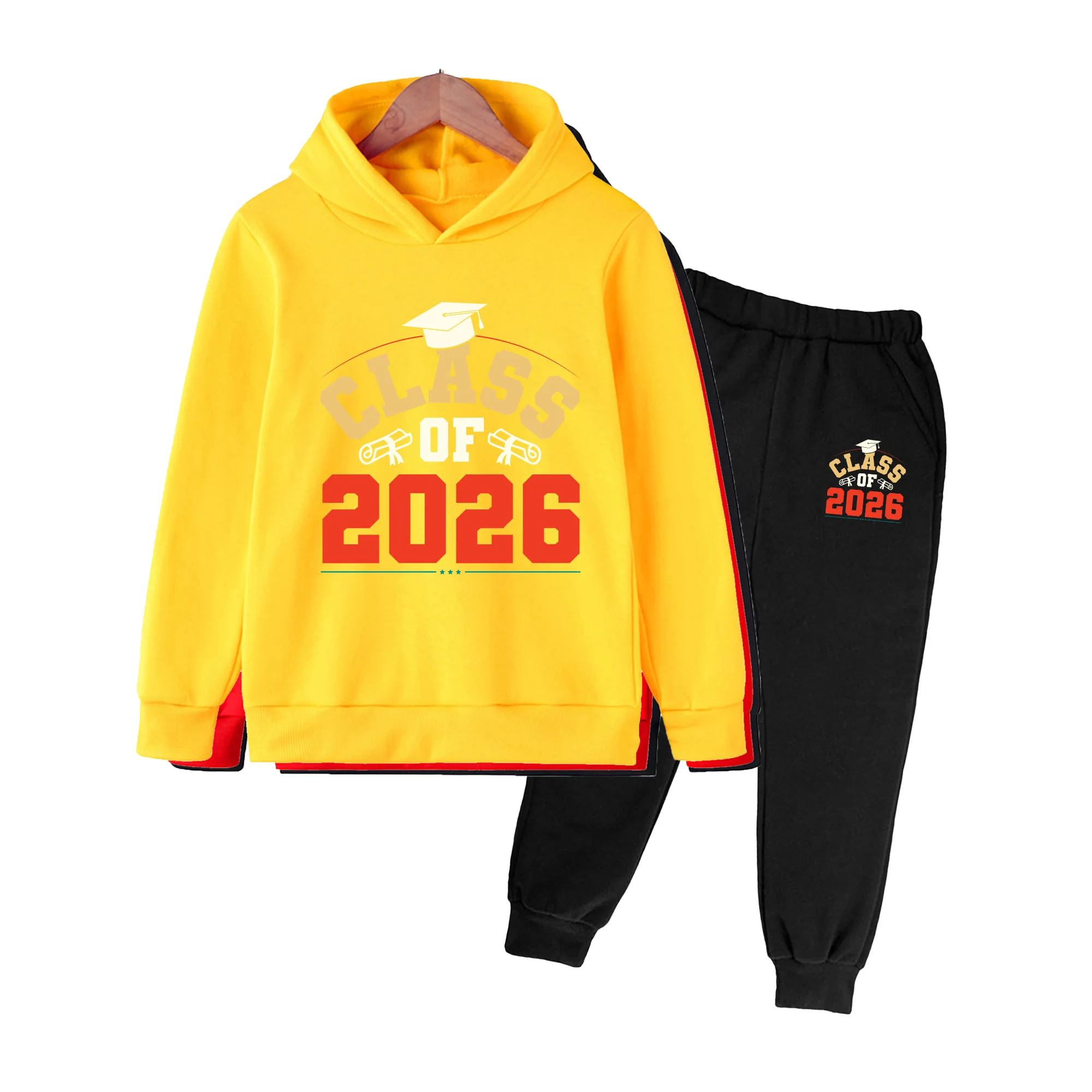 Class of 2026 Print Kids Hoodie & Pants Set, Unisex Long Sleeve Casual Outfit for Graduation School Daily Wear