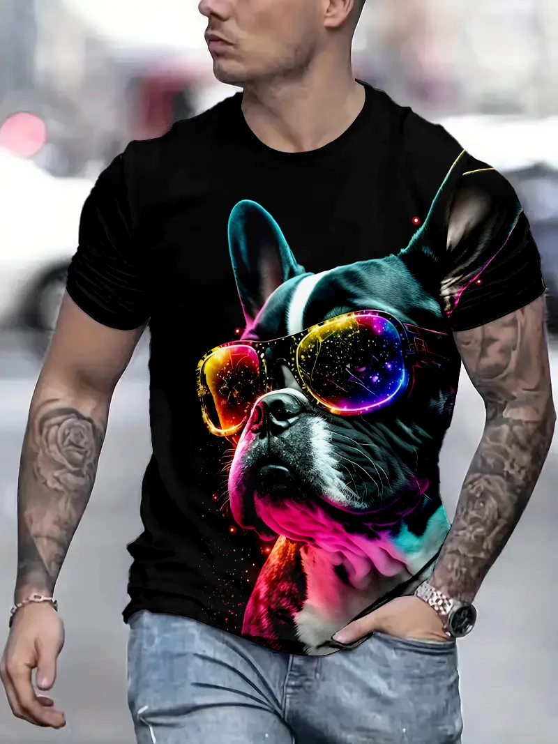 Summer New Men's Cold Heart Dog Pattern 3D Print Leisure Animal Short Sleeve Street Loose Fitness T-shirt