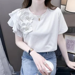 Estate moda girocollo perline Appliques t-shirt donna manica corta Slim Casual All-match Pullover Tee donna tinta unita Top