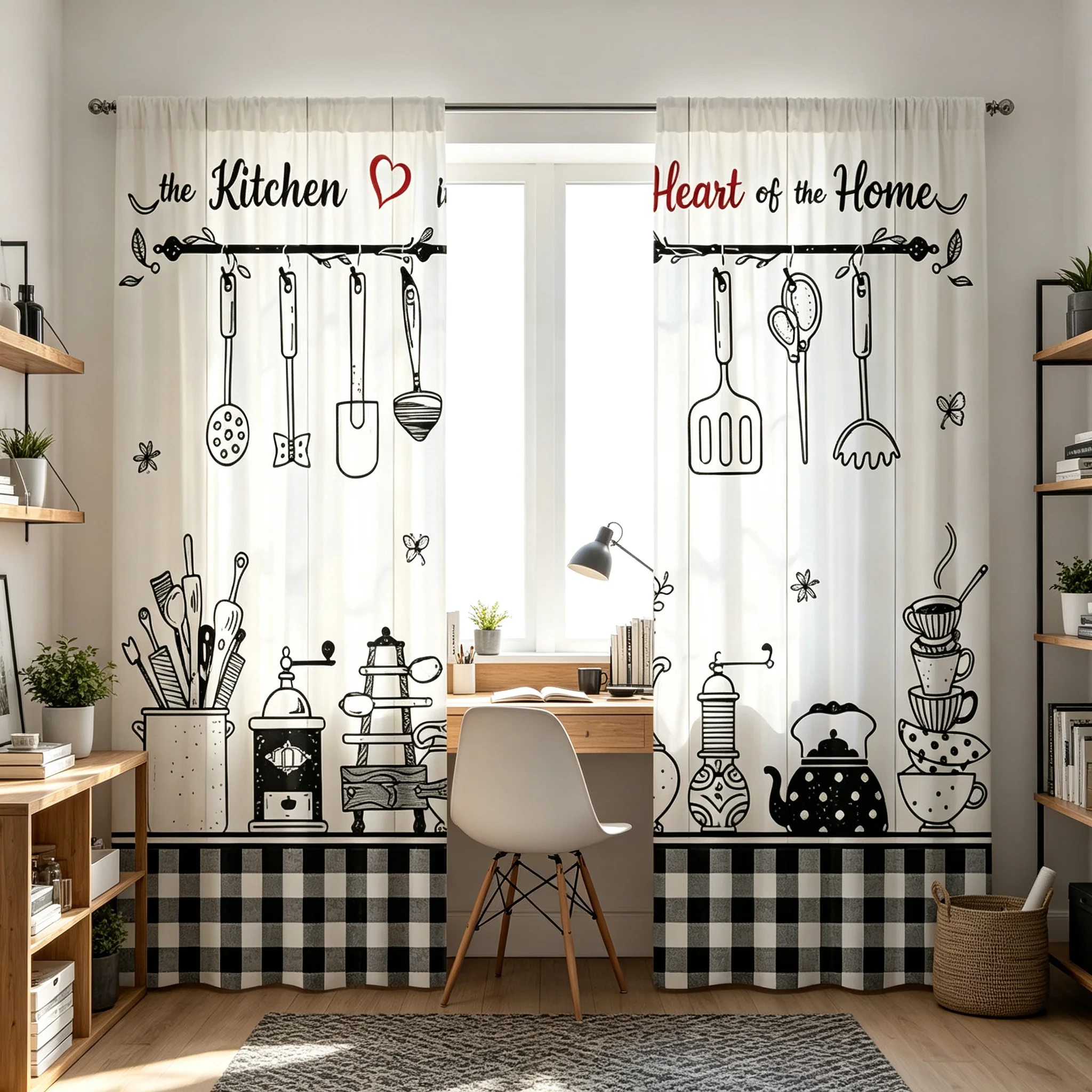 2D Flat 2Pcs Curtains Hand drawn Kitchen Pattern Warm Home Core Semi transparent Pole Suitable for Thanksgiving, Christmas