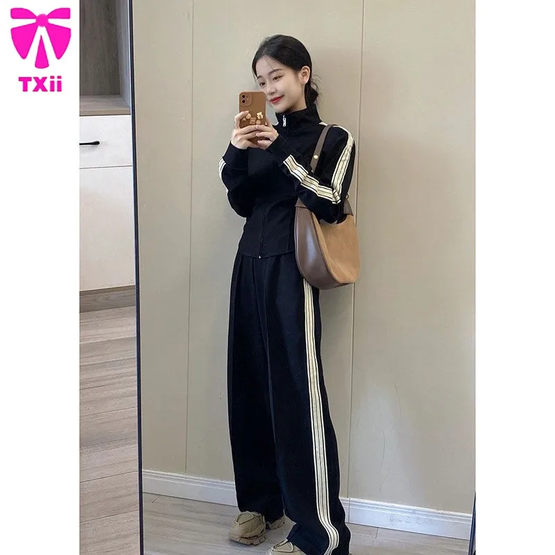 

Women's pants set, casual sportswear, zipper sports shirt, elastic waist, loose pants, women's two-piece set