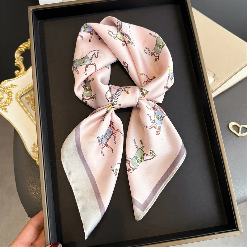 Luxury Horse Print Female Satin Neck Scarf Square Hair Scarves Foulard Head Band Shawls Wraps Neckerchief Bandana Women view 3