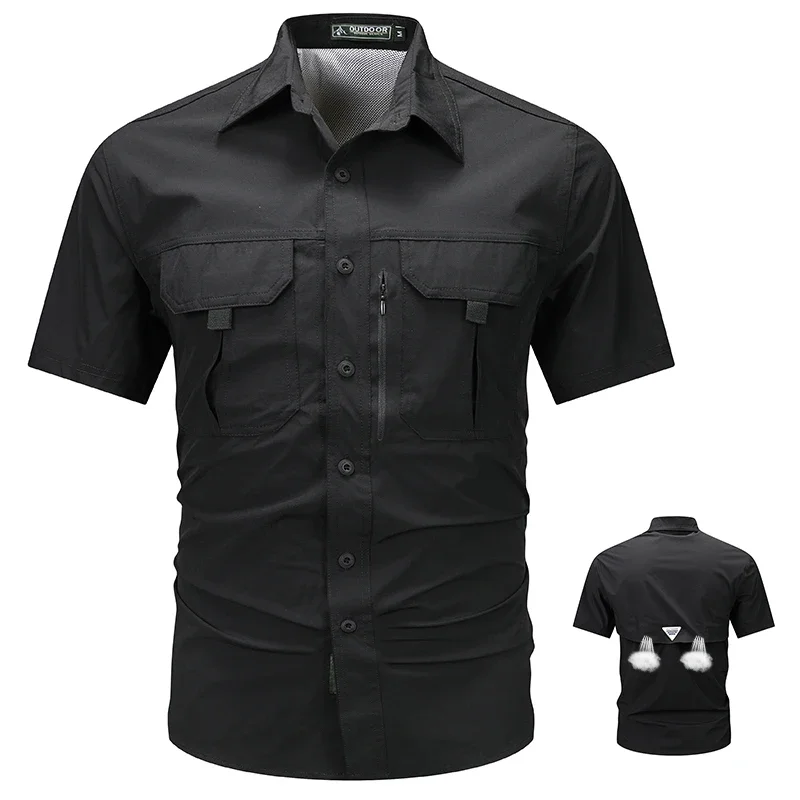 Summer Cargo Short Sleeve Shirt Men\'s Casual Waterproof Breathable Polo Shirt Outdoor Camp Hiking Safari Work Shirt Top Pocket