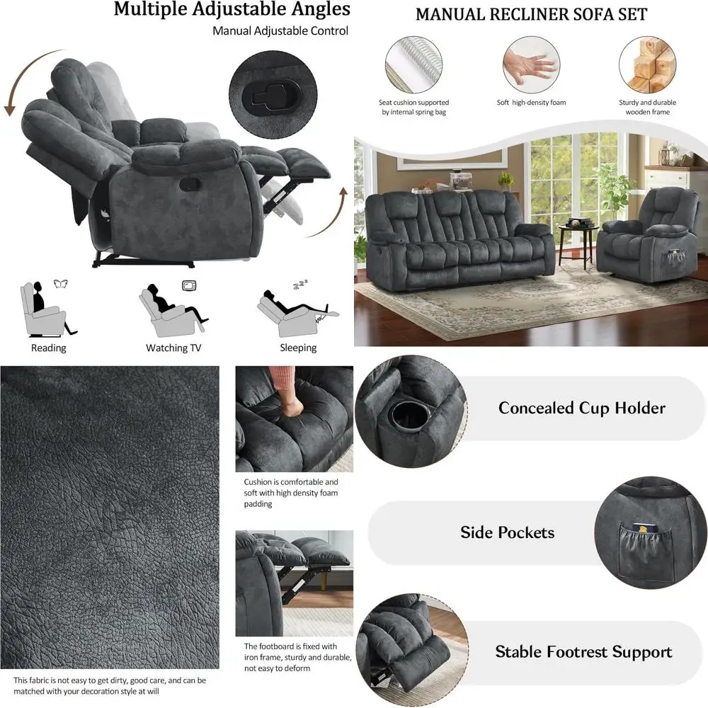 

Grey Fabric Reclining Sofa Set with Cup Holders: Single Chair, Loveseat, and 3-Seat Sofa for Living Room/Office/Home