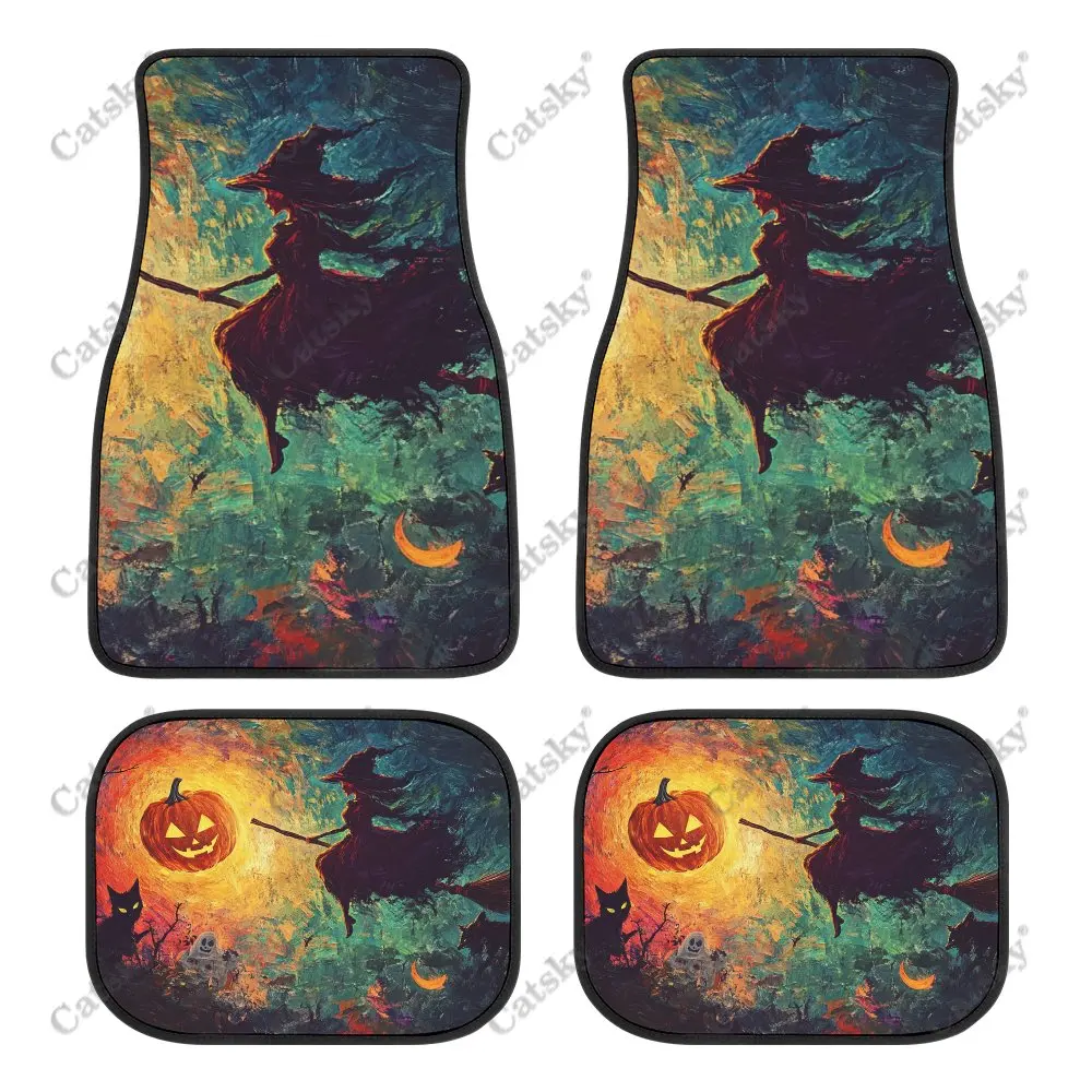 Halloween Witch Pumpkin Car Floor Mats 4-piece Front Rear Carpet Stain-resistant Complete Set Suitable for SUV Truck Interior