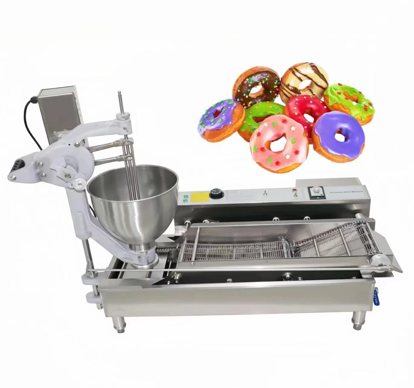 Multi Shapes Full Automatic Frying Donut Making Machine With  Depositor Hopper for Mochi Ball Ring Donuts
