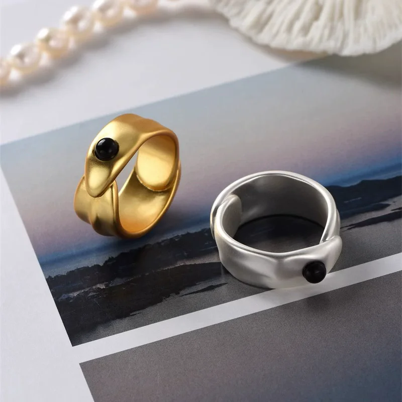 Circular Overlapping Black Agate Ring for Men and Women fashion Niche Desig  Simple All-Match Vintage trendy Jewelry