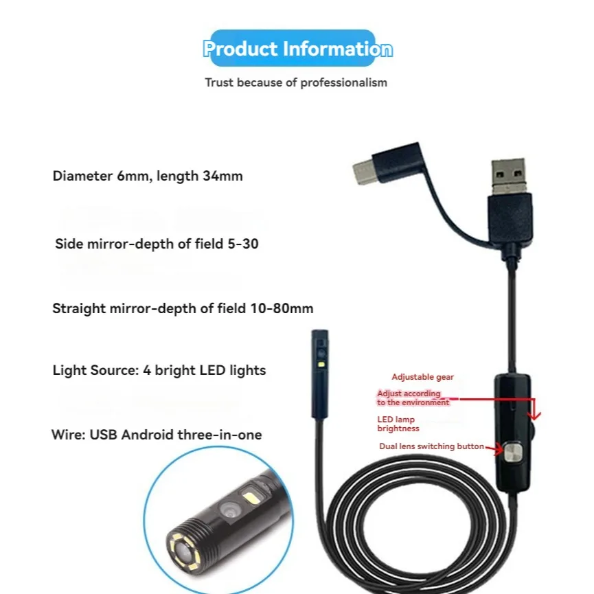 Endoscope industriel 3 en 1 avec lentille de 6mm, caméra HD, réparation de voiture, sonde d'inspection, USB, téléphone Android