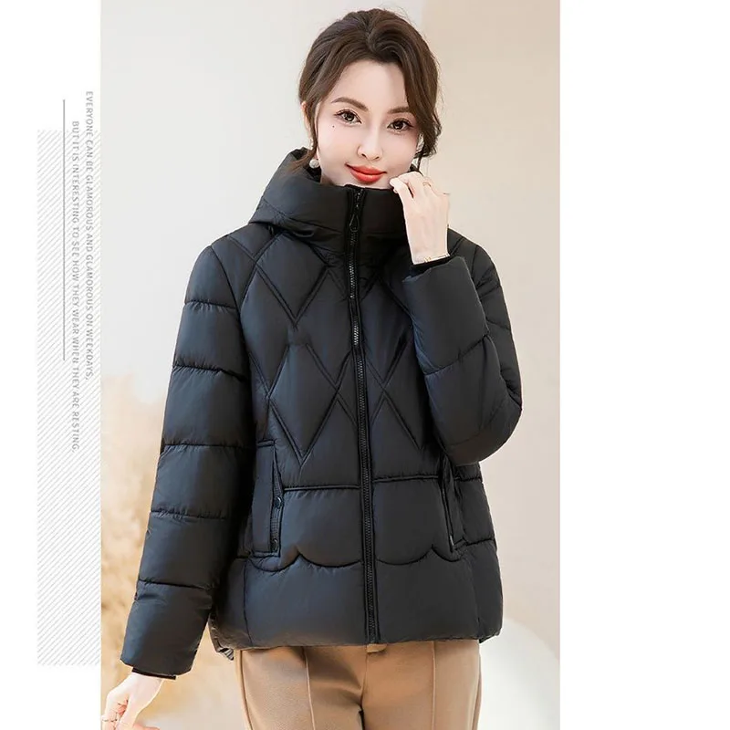 2026 Korean Hooded Short Down Cotton Jacket Women Autumn Winter New Solid Cotton-Padded Warm Loose Casual Outwear