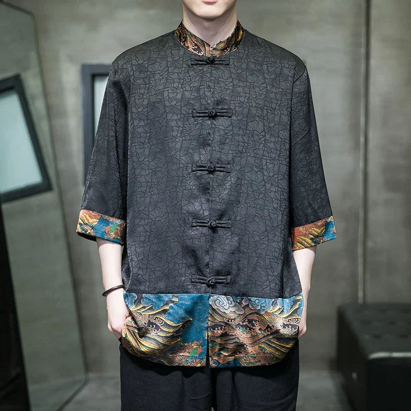 

Мужская рубашка из ледяного шелка в стиле ретро, китайский стиль Тан, на пуговицах, летняя, легкая, свободного кроя