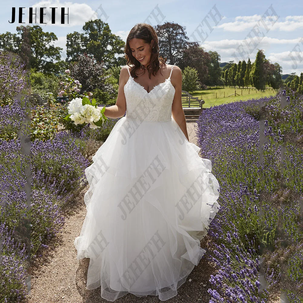 JEHETH Exquisite Spaghetti Straps Wedding Dress Plus Size Backless Applique Bride Gowns A-Line Tulle V-Neck vestidos de novia