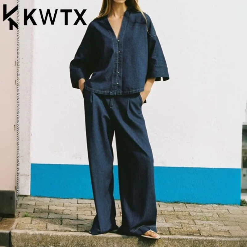 

KWTX 2025 Spring Summer Women's Oversized Denim Shirt & High Waist Pants Set Casual Two Piece Outfit Streetwear Trendy