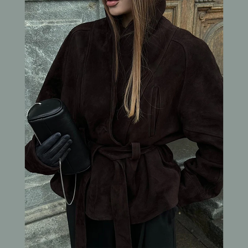 

Women Vintage Brown Faux Suede Jacket Lapel Full Sleeve Solid Coat Double Buttons Outwears New Lady Fashion High Street Coats