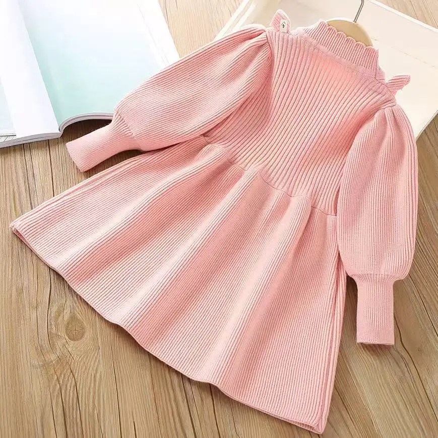 Girls' Autumn and Winter Dress Knitted Sweater Thickened 2025 New High-end Children's Ruffled Solid Color Skirt