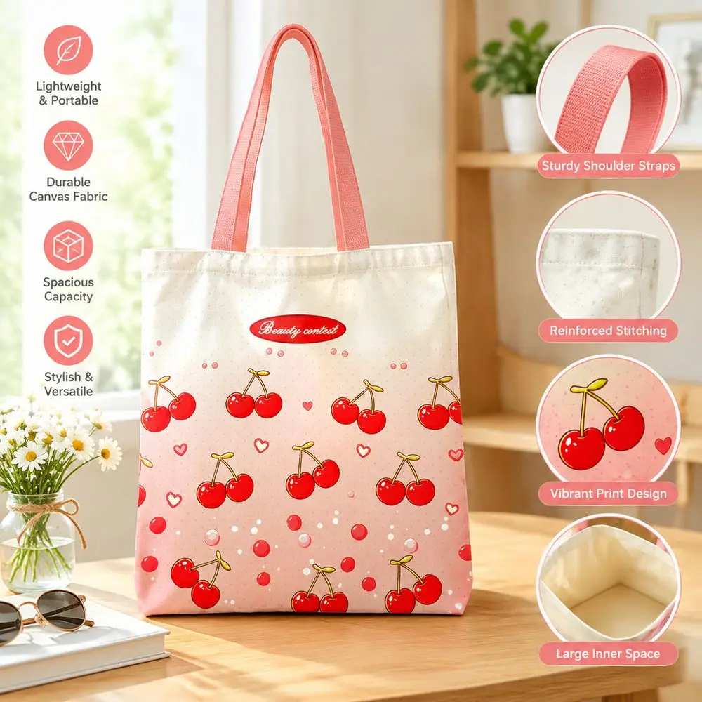 Durable Cherry Print Canvas Bag Reusable Large Capacity Tote Bag Versatile Lightweight Shoulder Bag Daily Use