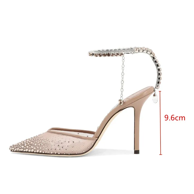 Star style Fashion Rhinestones Ankle Strap Women Pumps Elegant Pointed toe Mesh Slingback Stiletto High heels Office Dress Shoes