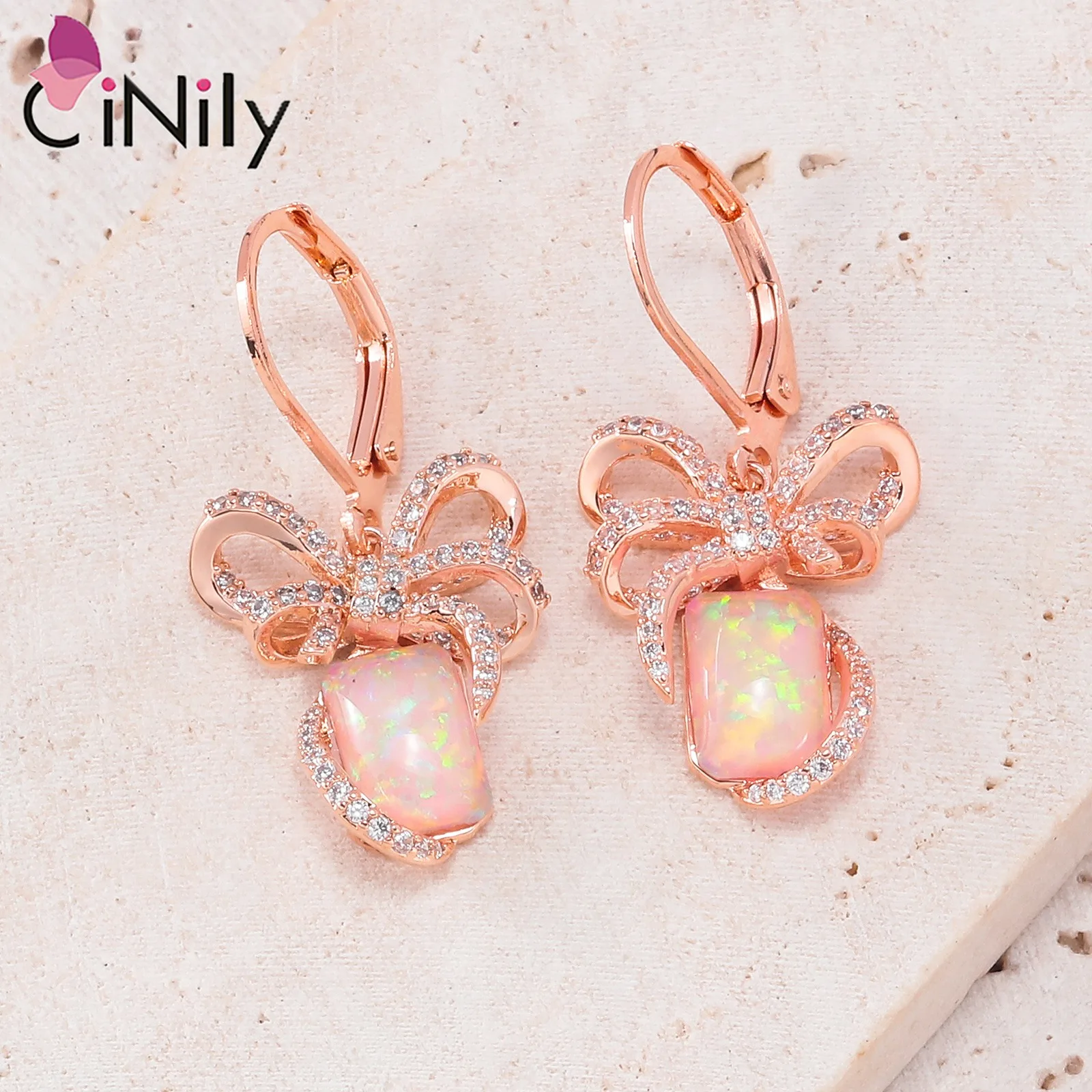 CiNily Multcolor Opal Earrings for Women Bow Tie Dangle Earring Silver Plated Zircon Ribbon Earrings for Christmas Jewelry Gifts
