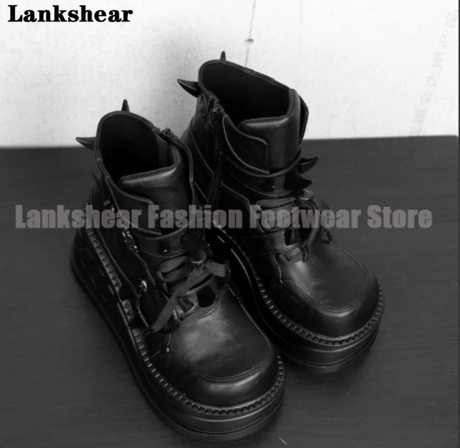 

Black Metal Punk Ankle Boots Platform Round Toe Height Increasing Thick Soled Wedge Heels Lace-Up Boot Women's Shoes Botas Mujer