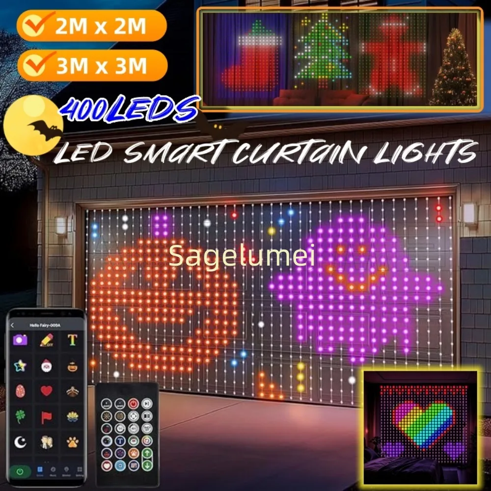 DIY 400LEDs Smart Curtain Lights Bluetooth App LED String RGB Fairy Lights Music Change Display for Window Bedroom Decoration
