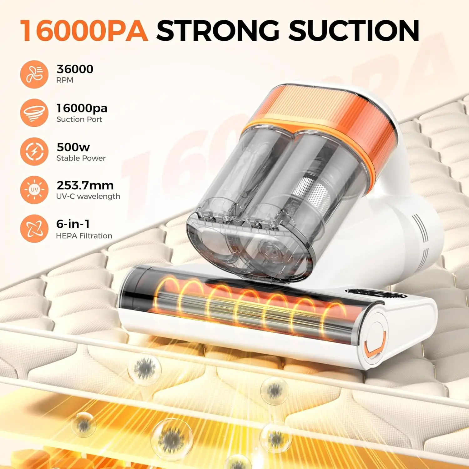 Mattress Vacuum Cleaner,16Kpa 500W Strong Suction Bed Vacuum with UV Ultrasonic and High Heating,Dual Dust Bins with Washable