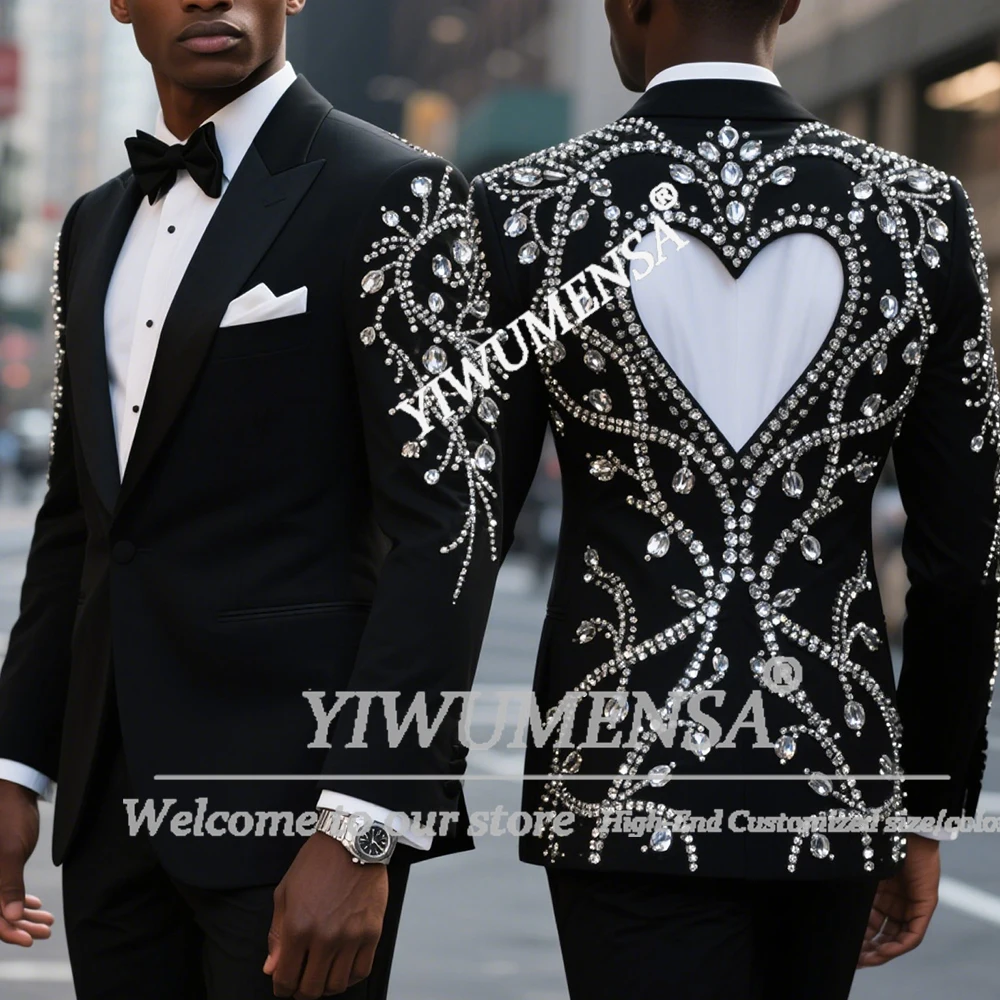 

Brilliant Beads Stones Suits Men For Wedding Single Breasted Groom Blazers Customized 2 Pieces Sets Costume Homme Cut-Out Outfit