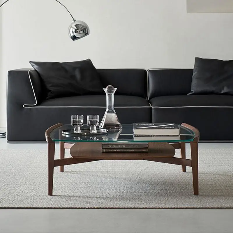 North American small apartment household living room solid wood square glass coffee table light luxury design antique