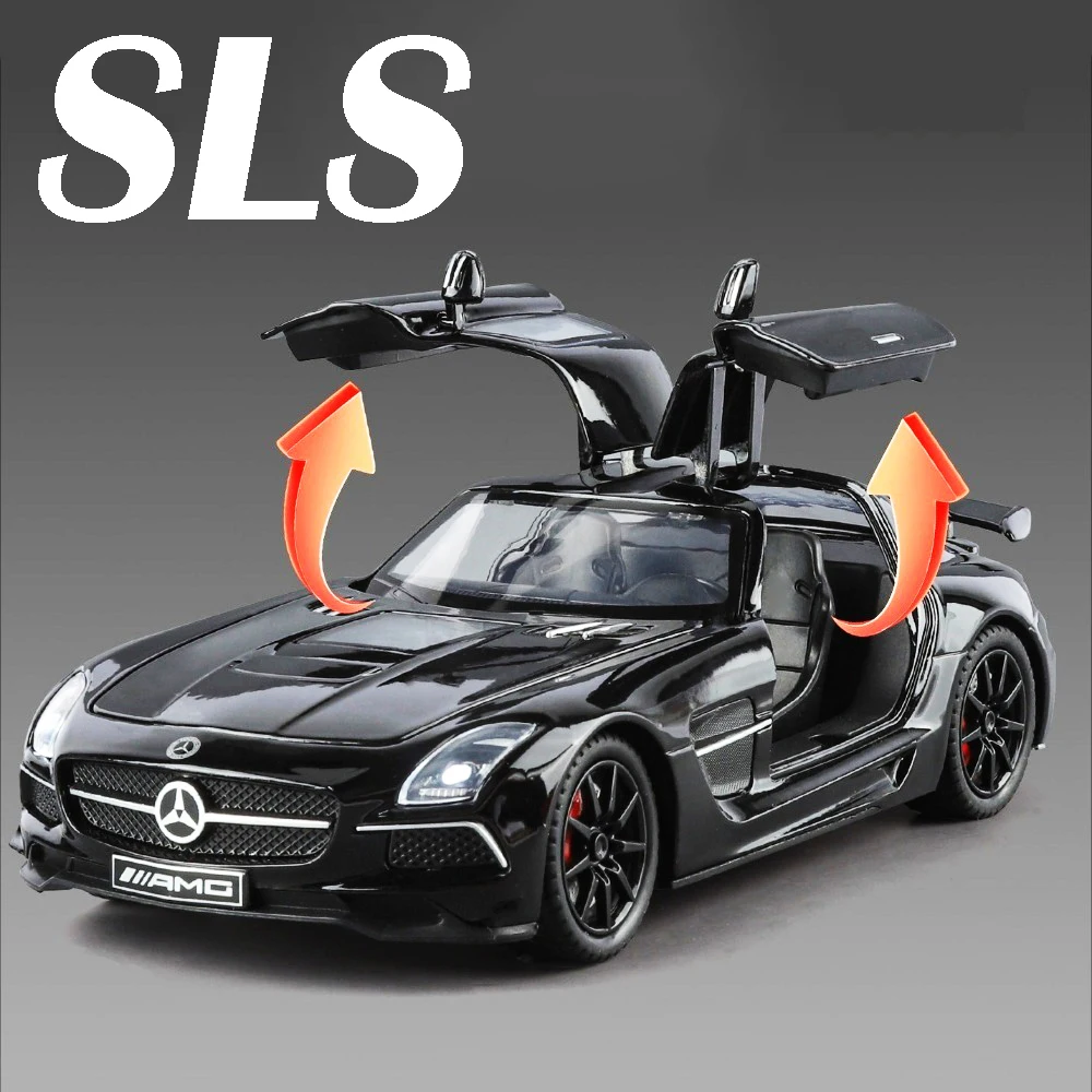 

1:24 SLS ONE Модель спортивного автомобиля Игрушки из сплава, литой под давлением звук, свет, двери, открытое переднее колесо, рулевое управление, тянущая назад для мальчика, развивающая игрушка