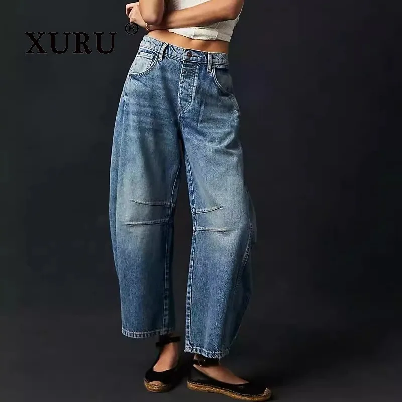 

XURU - New Women's Loose Wide Leg Jeans, Fashionable Hot Pants Mid Low Waist Washed Long Jeans Pants