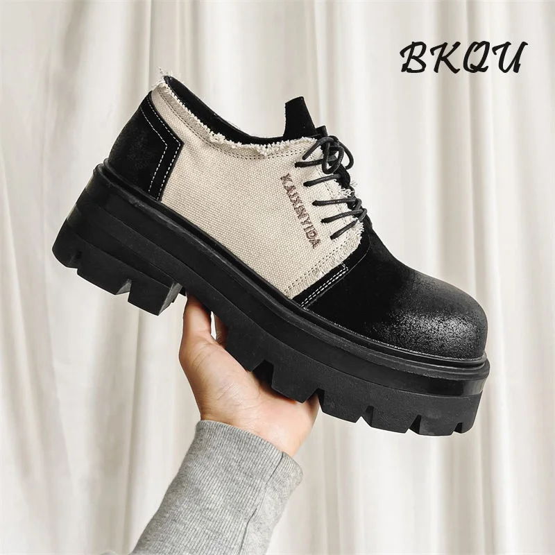 BKQU 2024 New Thick Soled Big Head Derby Men's 7CM Height Increase Melard Style Commuter American Work Shoes