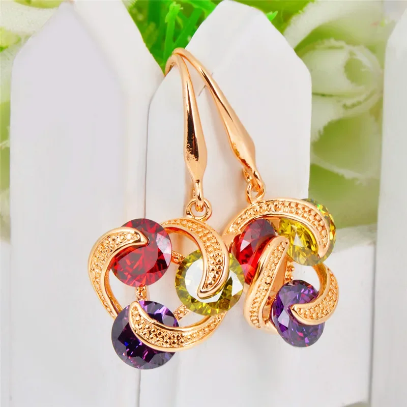 Vintage Wedding Hoop Earrings Boho Female Rainbow Zircon Flower Earring Fashion Yellow Gold Color Small Stone Earrings for Women