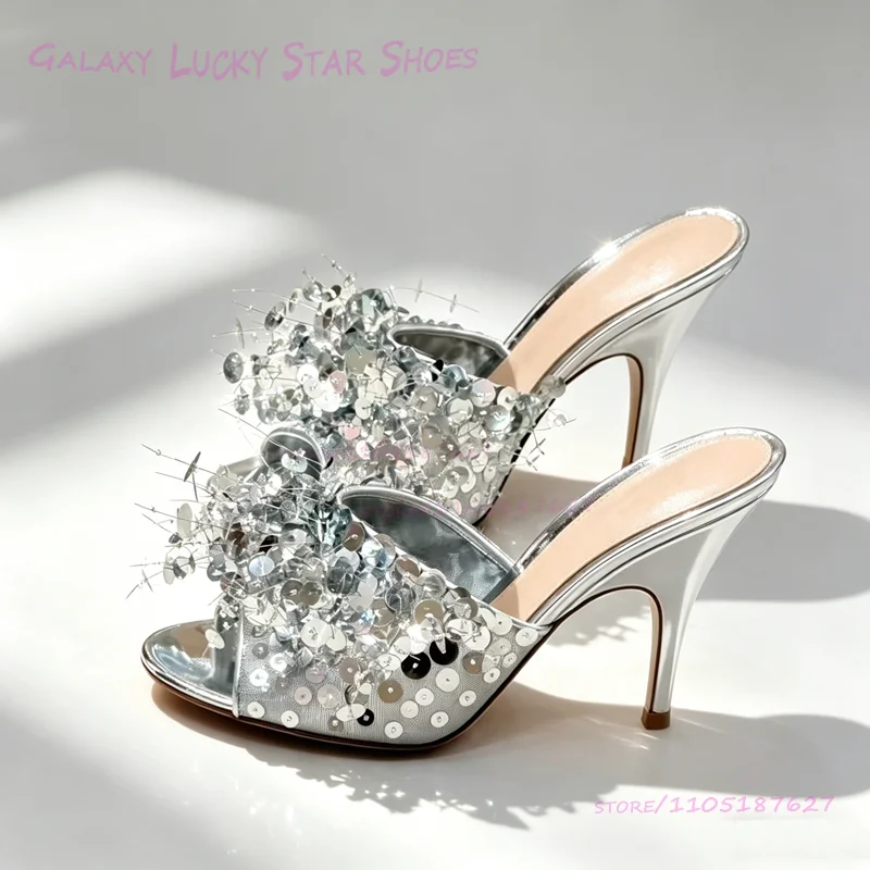 

Silver Mesh Sequined Crystal Tassel Sandals Stiletto Heels Metallic Leather Shimmering Sandals Women Peep Cute Girl Party Shoes