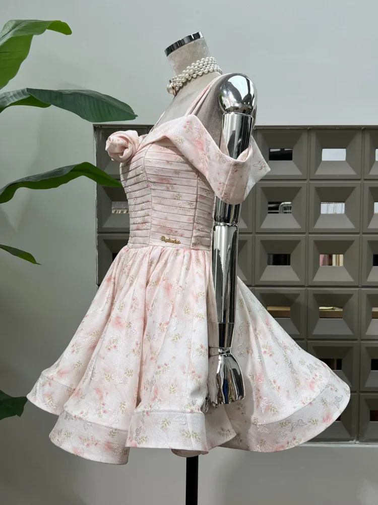 DFDG 2025 Resort Women’s Off Shoulder Floral Flounce Dress Elegant Smocked Waist Vacation Wear Spring Summer Fashion Dress