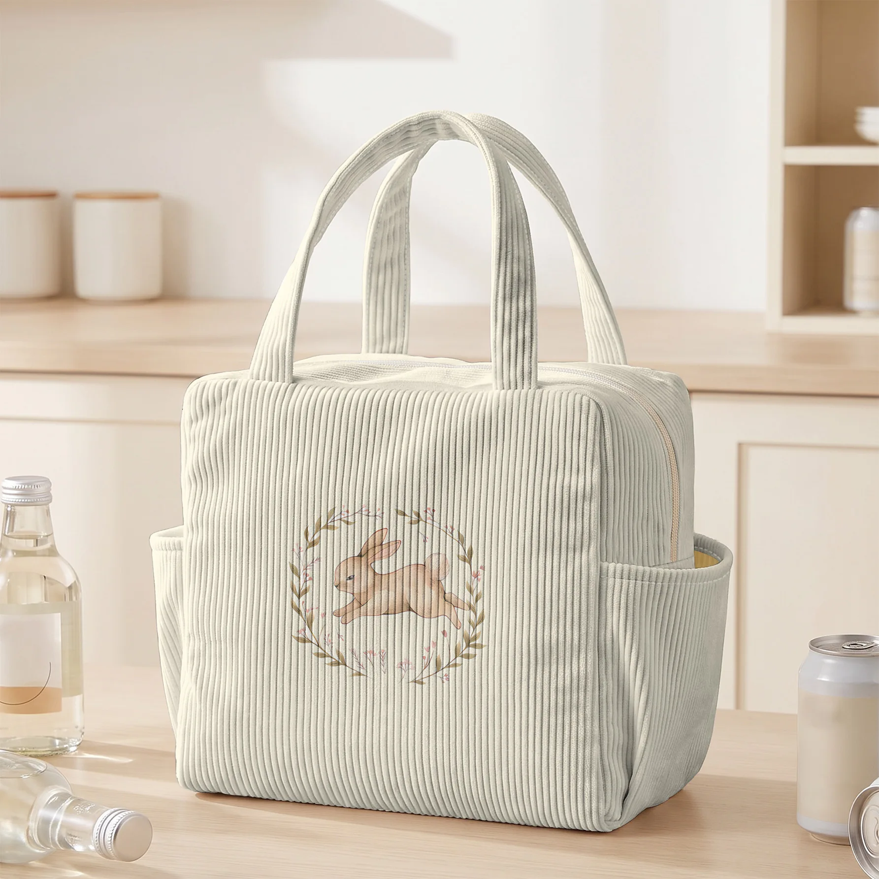 Wreath Rabbit Print Insulated Lunch Bag, Waterproof Cooler Tote, Keep Food Warm & Cold, For Work School Picnic