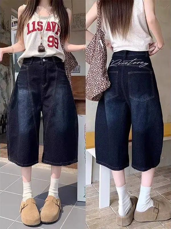 Large Size American Backstitch Splicing Wide Leg Jeans Women Summer New Vintage High Waist Seven Inch Pants Shorts